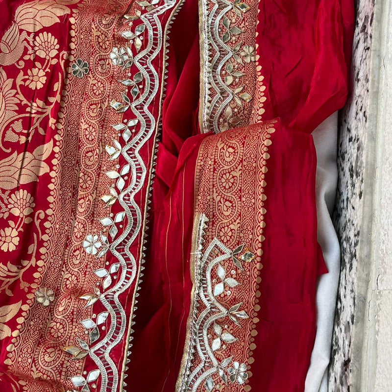 Pure Cosmo Silk Banarasi Wedding Saree with Gotta Patti & Pearl Work
