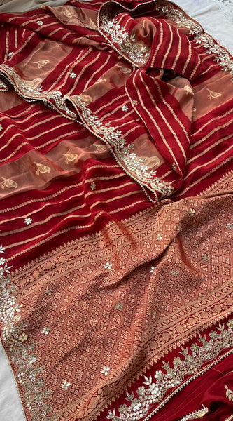 Pure Cosmos Silk Banarasi Wedding Saree with Zardozi & Gotta Patti Work
