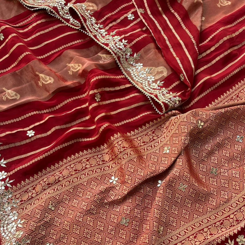 Pure Cosmos Silk Banarasi Wedding Saree with Zardozi & Gotta Patti Work