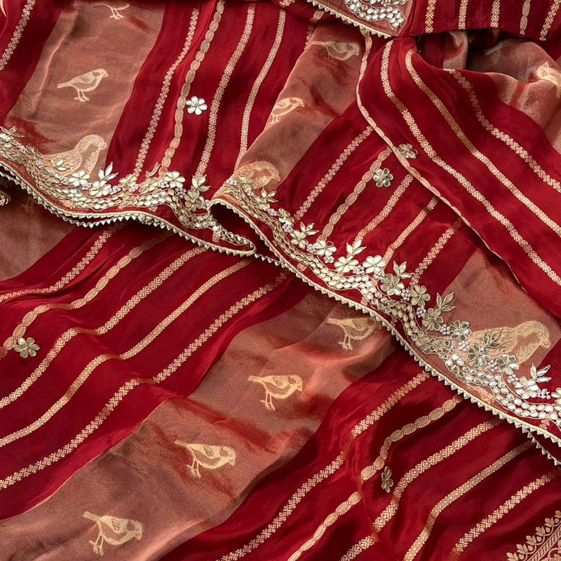 Pure Cosmos Silk Banarasi Wedding Saree with Zardozi & Gotta Patti Work