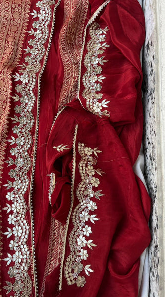 Pure Cosmos Silk Banarasi Wedding Saree with Zardozi & Gotta Patti Work