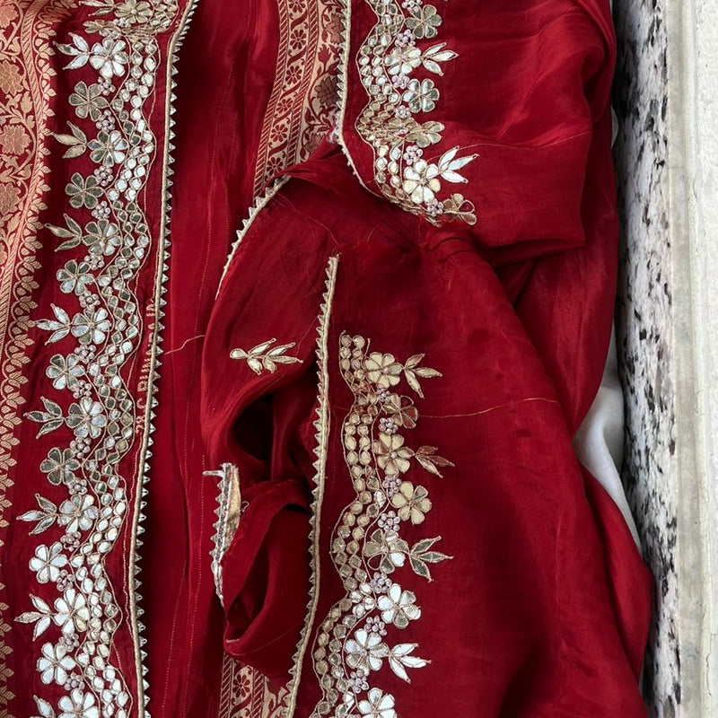 Pure Cosmos Silk Banarasi Wedding Saree with Zardozi & Gotta Patti Work