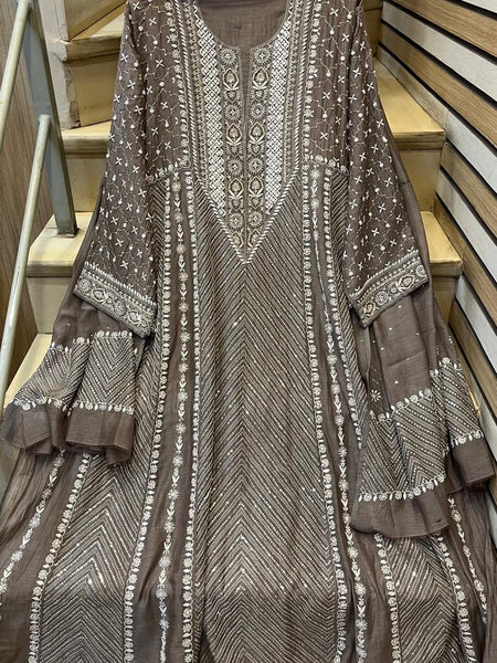 Pure Mul Chanderi Anarkali Kurta Dupatta Set with Sequins, Katdana & Kasab Work (Dyeable)