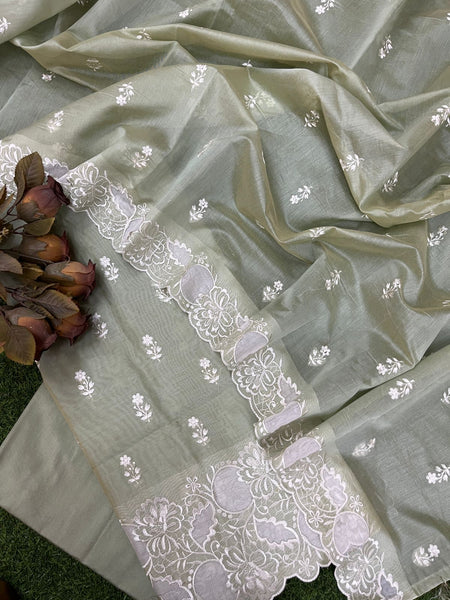Banarasi Chanderi Appliqué Embroidery Cotton Suit with Dupatta & Bottom