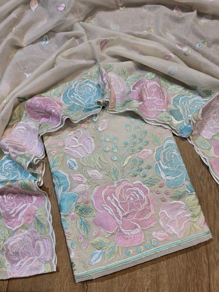 Banarasi Mul Chanderi Embroidered Suit with Sleeves & Dupatta