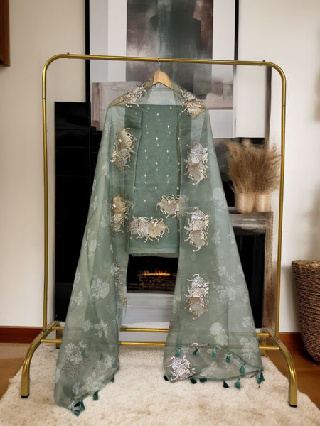 Pure Organza Silk Triple Bail Embroidered Suit with Printed Dupatta