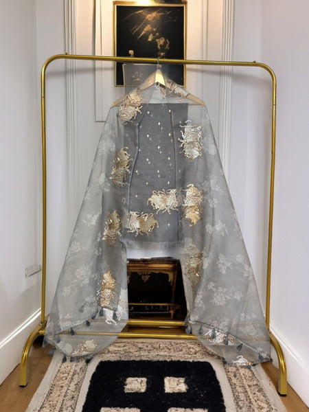 Pure Organza Silk Triple Bail Embroidered Suit with Printed Dupatta