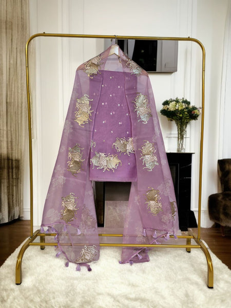 Pure Organza Silk Triple Bail Embroidered Suit with Printed Dupatta