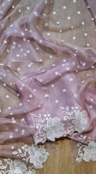 Pure Organza Silk Appliqué Chikankari Embroidered Suit with Dupatta