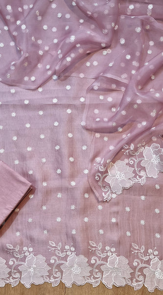 Pure Organza Silk Appliqué Chikankari Embroidered Suit with Dupatta