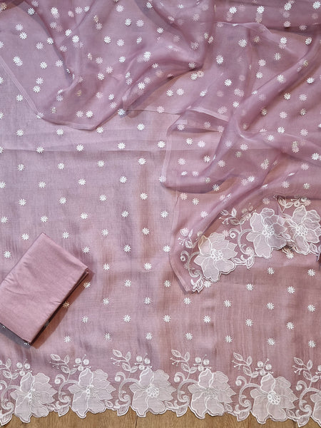 Pure Organza Silk Appliqué Chikankari Embroidered Suit with Dupatta