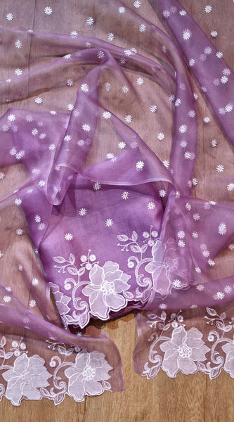 Pure Organza Silk Appliqué Chikankari Embroidered Suit with Dupatta