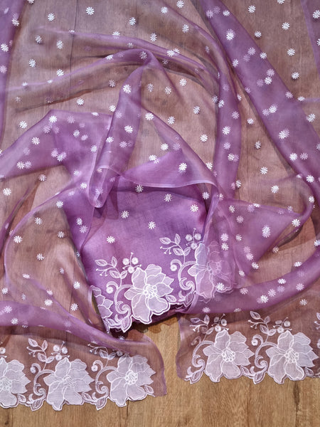 Pure Organza Silk Appliqué Chikankari Embroidered Suit with Dupatta