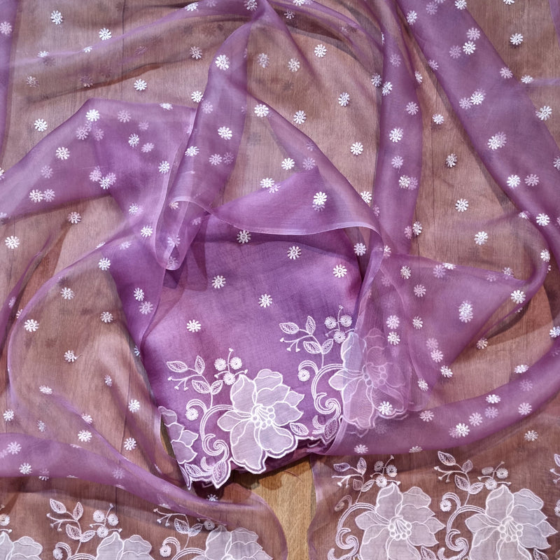 Pure Organza Silk Appliqué Chikankari Embroidered Suit with Dupatta