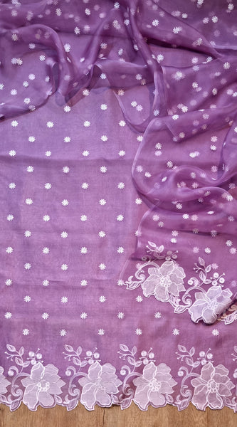 Pure Organza Silk Appliqué Chikankari Embroidered Suit with Dupatta