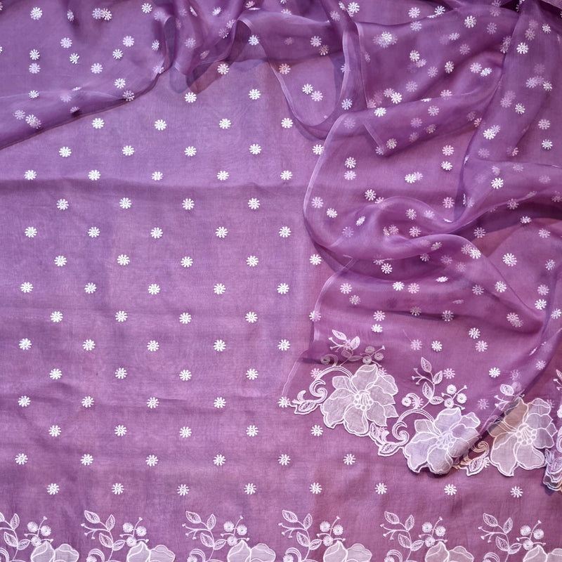 Pure Organza Silk Appliqué Chikankari Embroidered Suit with Dupatta