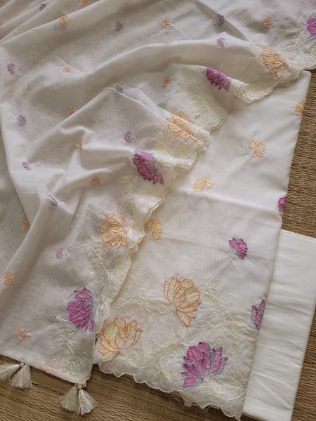 Banarasi Mul Cotton Embroidered Suit with Floral Detailing & Dupatta