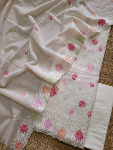 Banarasi Mul Cotton Embroidered Suit with Floral Detailing & Dupatta