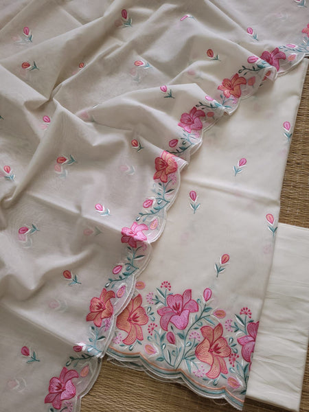 Banarasi Mul Cotton Embroidered Suit with Floral Detailing & Dupatta