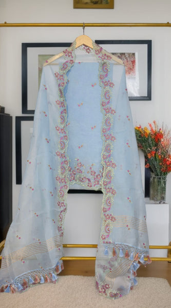 Pure Organza Silk Chikankari Embroidered Suit with Dupatta & Cotton Bottom
