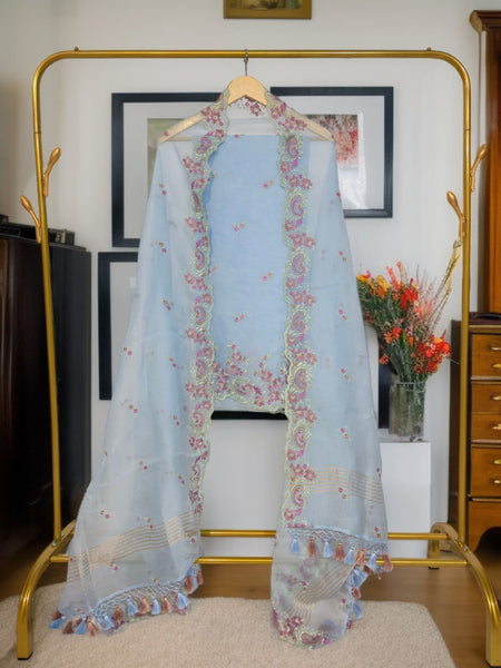 Pure Organza Silk Chikankari Embroidered Suit with Dupatta & Cotton Bottom