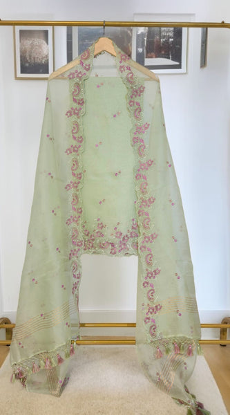 Pure Organza Silk Chikankari Embroidered Suit with Dupatta & Cotton Bottom