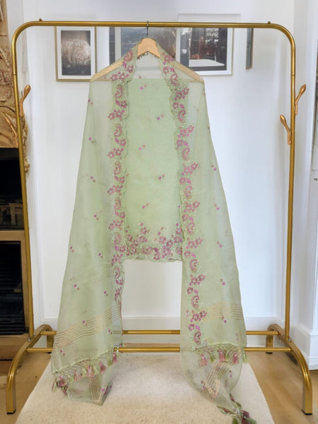 Pure Organza Silk Chikankari Embroidered Suit with Dupatta & Cotton Bottom