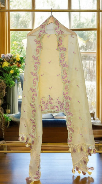 Pure Organza Silk Chikankari Embroidered Suit with Dupatta & Cotton Bottom