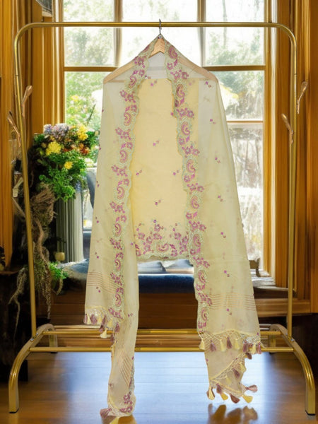 Pure Organza Silk Chikankari Embroidered Suit with Dupatta & Cotton Bottom