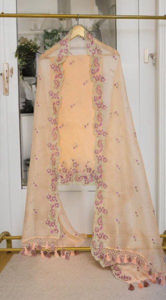 Pure Organza Silk Chikankari Embroidered Suit with Dupatta & Cotton Bottom
