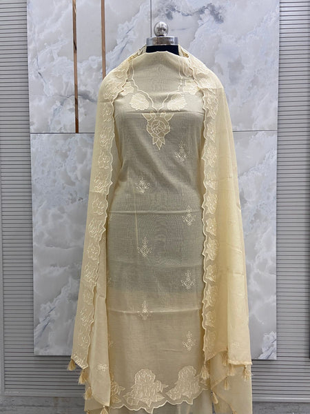 Banarasi Pure Silk Mul Chanderi Appliqué Embroidered Suit with Dupatta