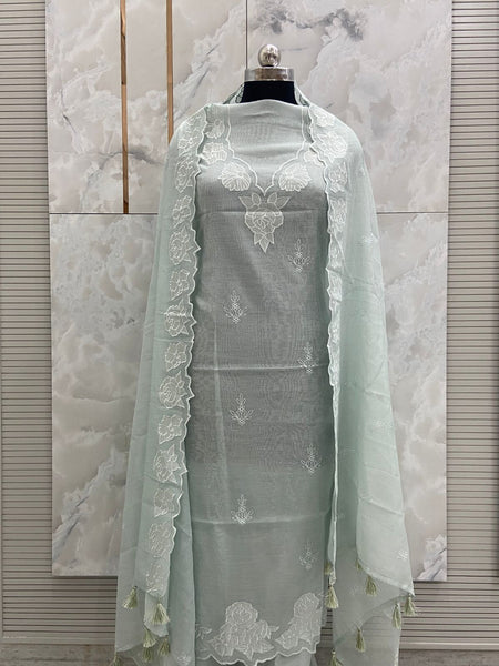 Banarasi Pure Silk Mul Chanderi Appliqué Embroidered Suit with Dupatta