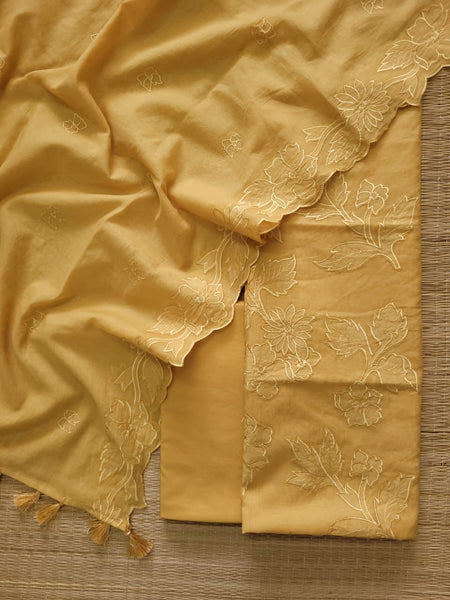 Banarasi Mul Cotton Appliqué Work Suit with Embroidered Dupatta & Cotton Bottom