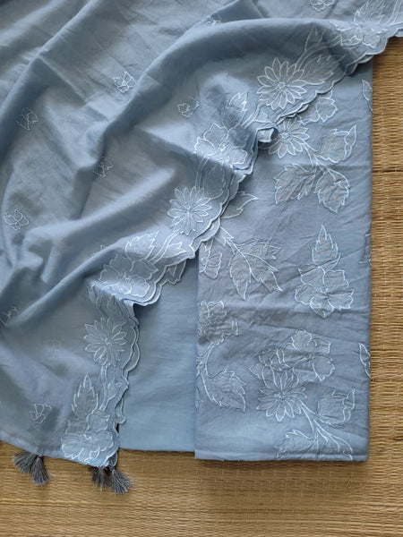 Banarasi Mul Cotton Appliqué Work Suit with Embroidered Dupatta & Cotton Bottom