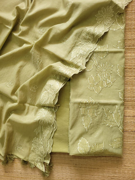 Banarasi Mul Cotton Appliqué Work Suit with Embroidered Dupatta & Cotton Bottom