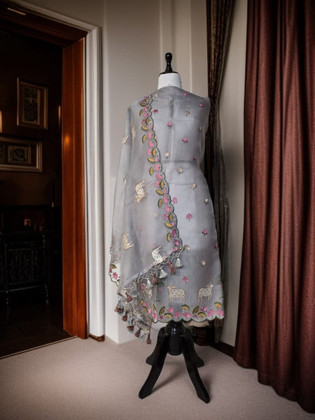 Banarasi Pure Organza Silk Pichwai Embroidered Suit with Dupatta & Cotton Bottom