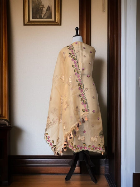 Banarasi Pure Organza Silk Pichwai Embroidered Suit with Dupatta & Cotton Bottom
