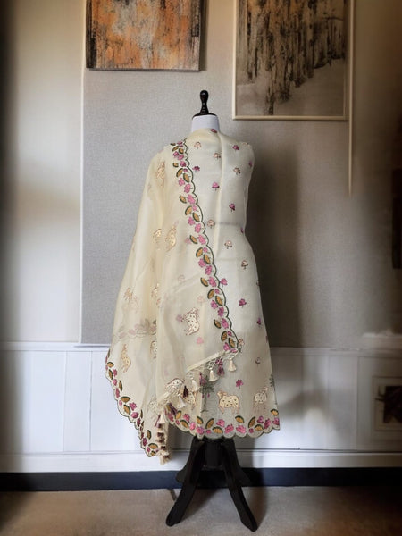 Banarasi Pure Organza Silk Pichwai Embroidered Suit with Dupatta & Cotton Bottom