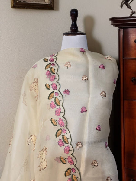Banarasi Pure Organza Silk Pichwai Embroidered Suit with Dupatta & Cotton Bottom