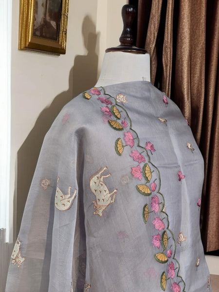 Banarasi Pure Organza Silk Pichwai Embroidered Suit with Dupatta & Cotton Bottom