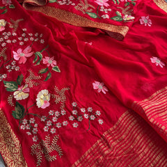 Pure Chinon Crepe Banarasi Saree with Multi-Thread Embroidery