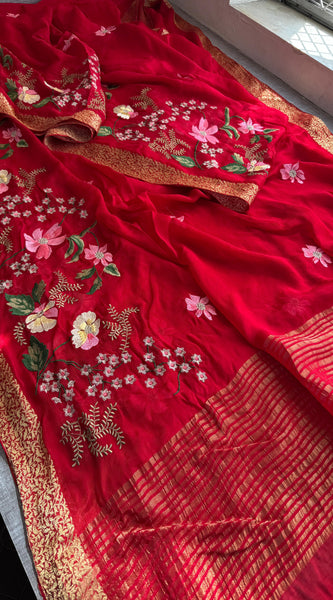 Pure Chinon Crepe Banarasi Saree with Multi-Thread Embroidery