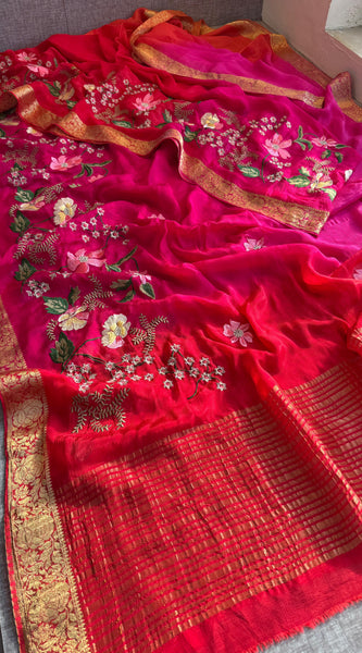 Pure Chinon Crepe Banarasi Saree with Multi-Thread Embroidery