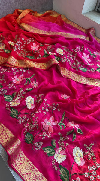 Pure Chinon Crepe Banarasi Saree with Multi-Thread Embroidery