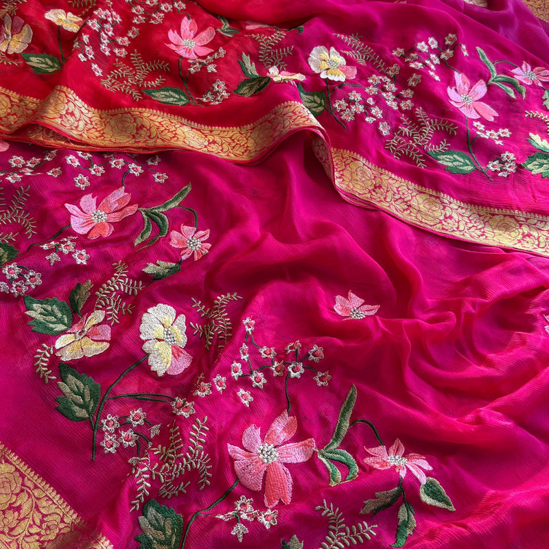 Pure Chinon Crepe Banarasi Saree with Multi-Thread Embroidery