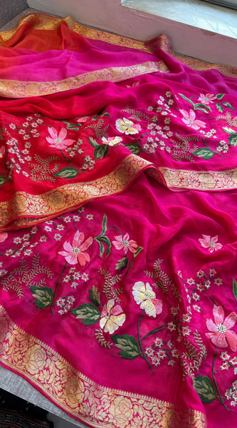Pure Chinon Crepe Banarasi Saree with Multi-Thread Embroidery