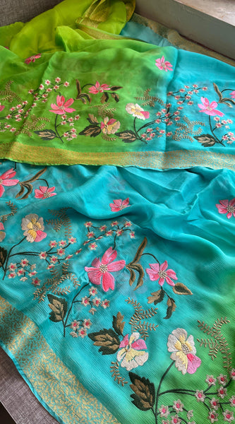 Pure Chinon Crepe Banarasi Saree with Multi-Thread Embroidery