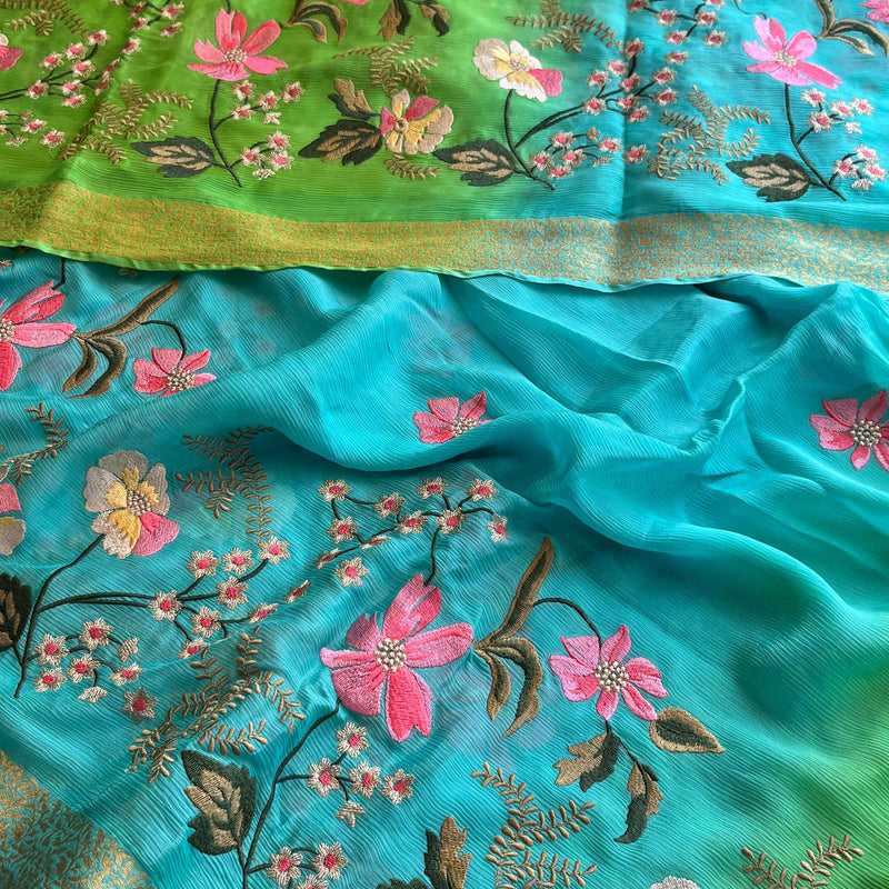 Pure Chinon Crepe Banarasi Saree with Multi-Thread Embroidery