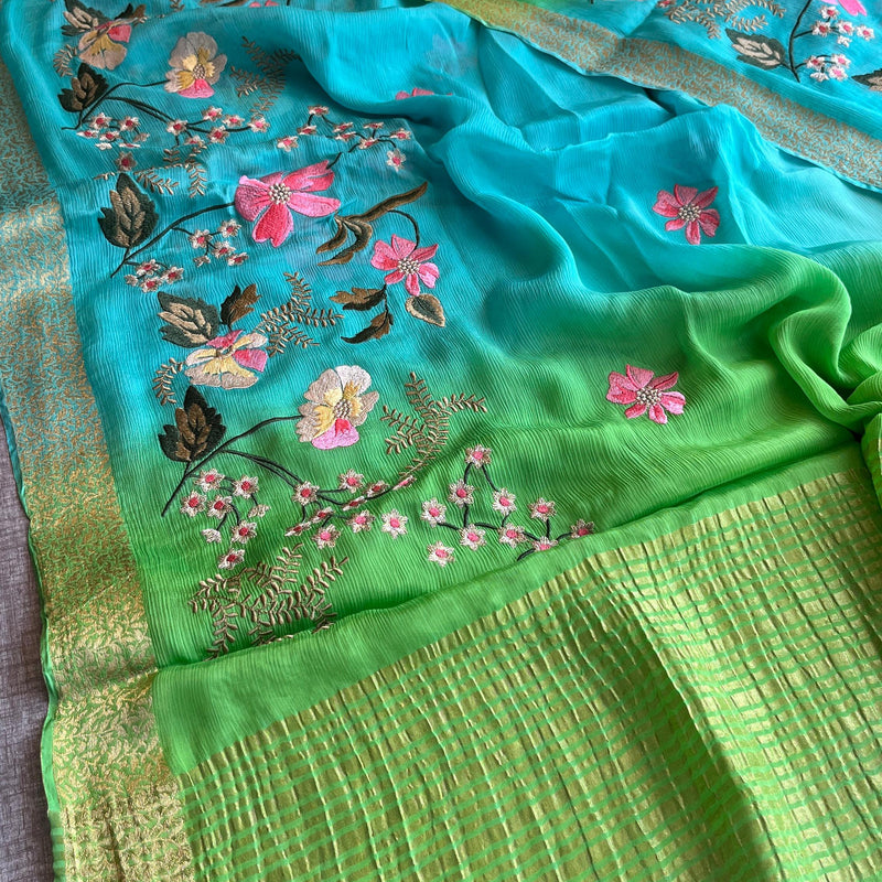 Pure Chinon Crepe Banarasi Saree with Multi-Thread Embroidery