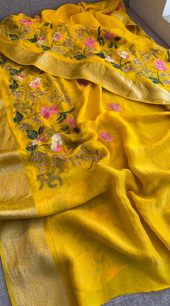 Pure Crepe Silk Banarasi Saree with Multi-Thread Embroidery